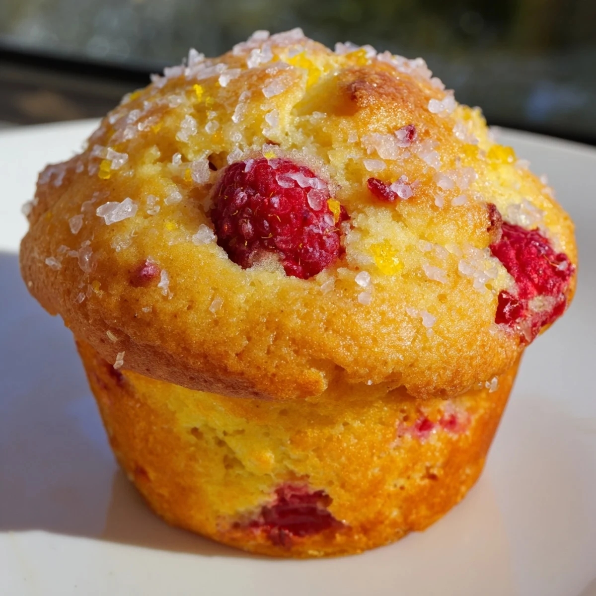 Freshly baked lemon raspberry muffins cooling on wire rack, lightly dusted with powdered sugar