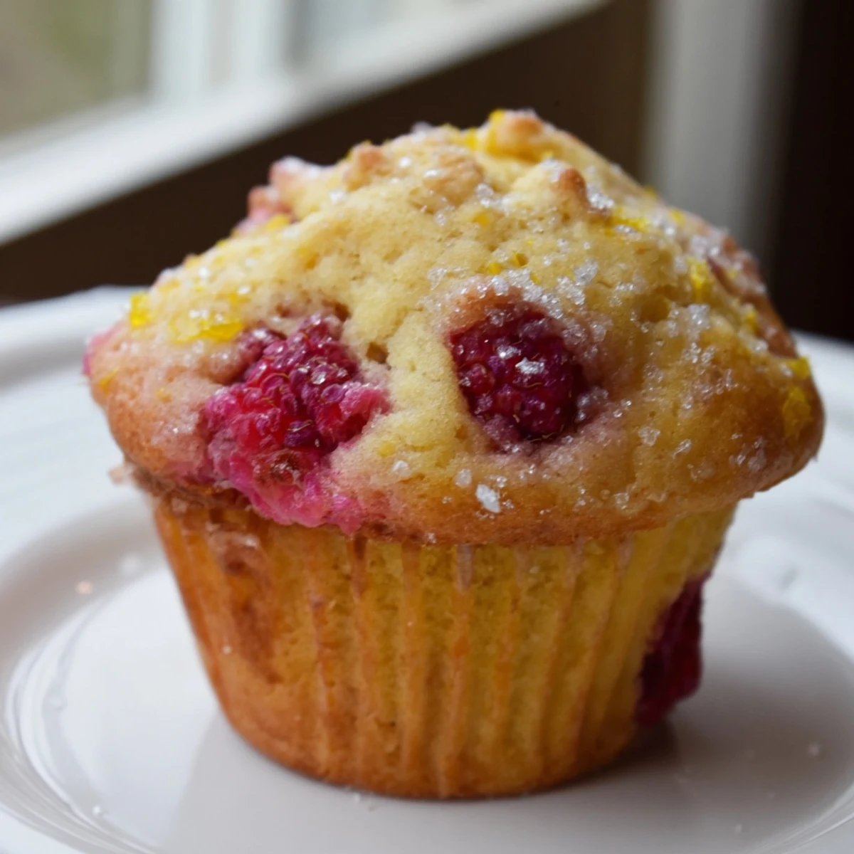 Moist lemon raspberry muffins with golden domes and juicy red berry pieces visible throughout