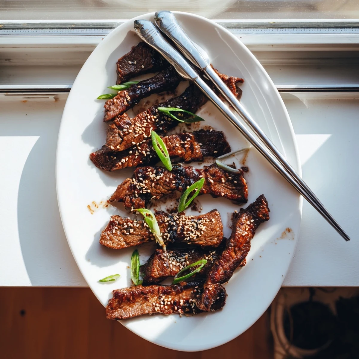 Tender beef short ribs sizzling on the grill with sweet soy marinade and scallions