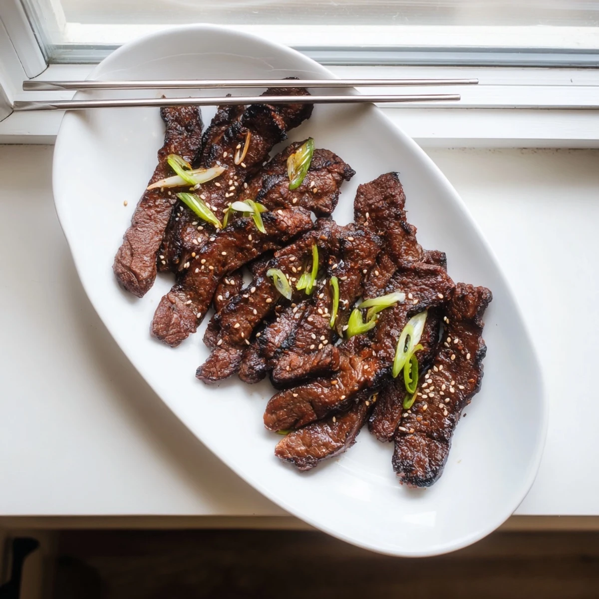 Golden Korean galbi grilled ribs with caramelized char marks and sesame garnish on a white plate