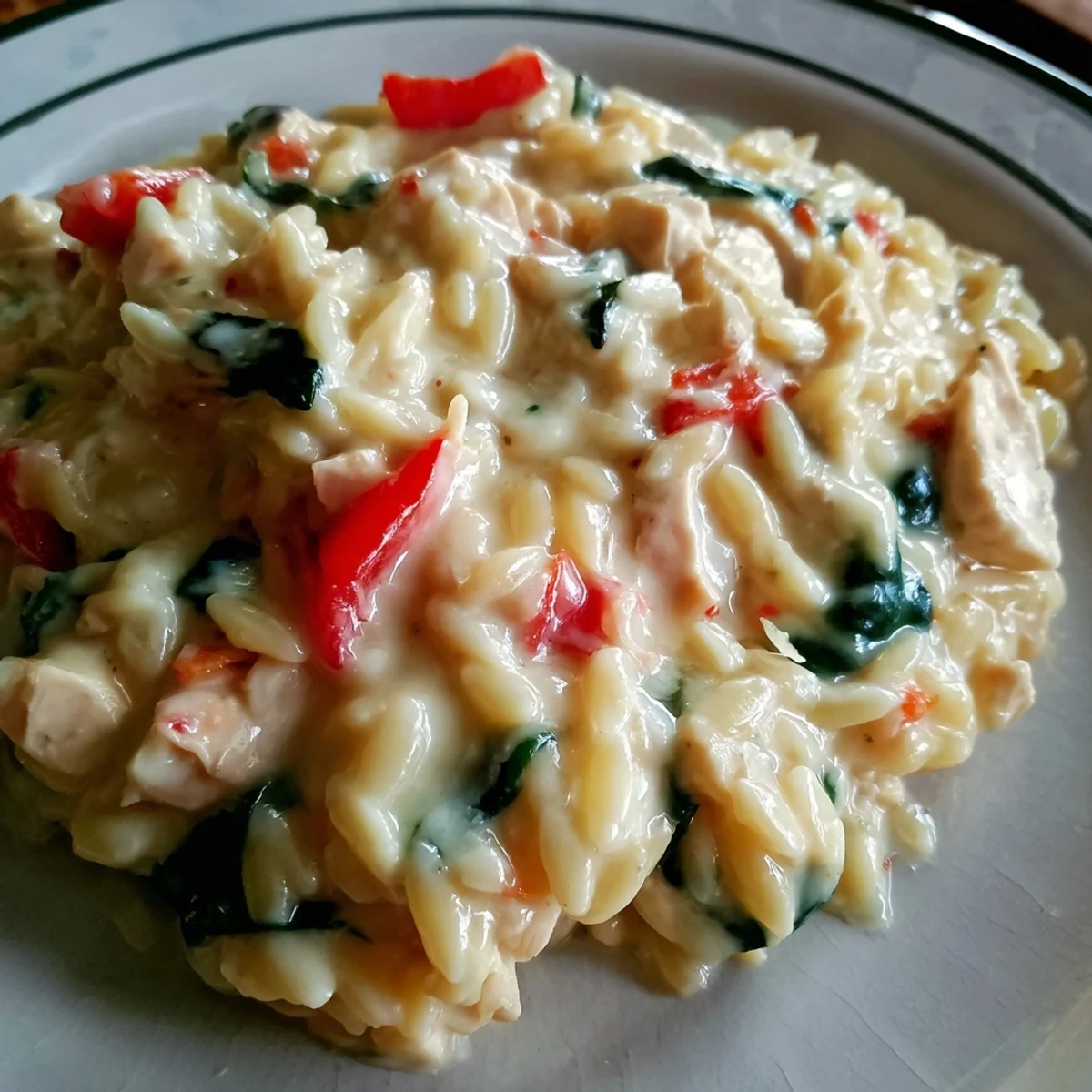 Golden skillet of thirty minute cheesy chicken risoni with parmesan and red bell pepper pieces