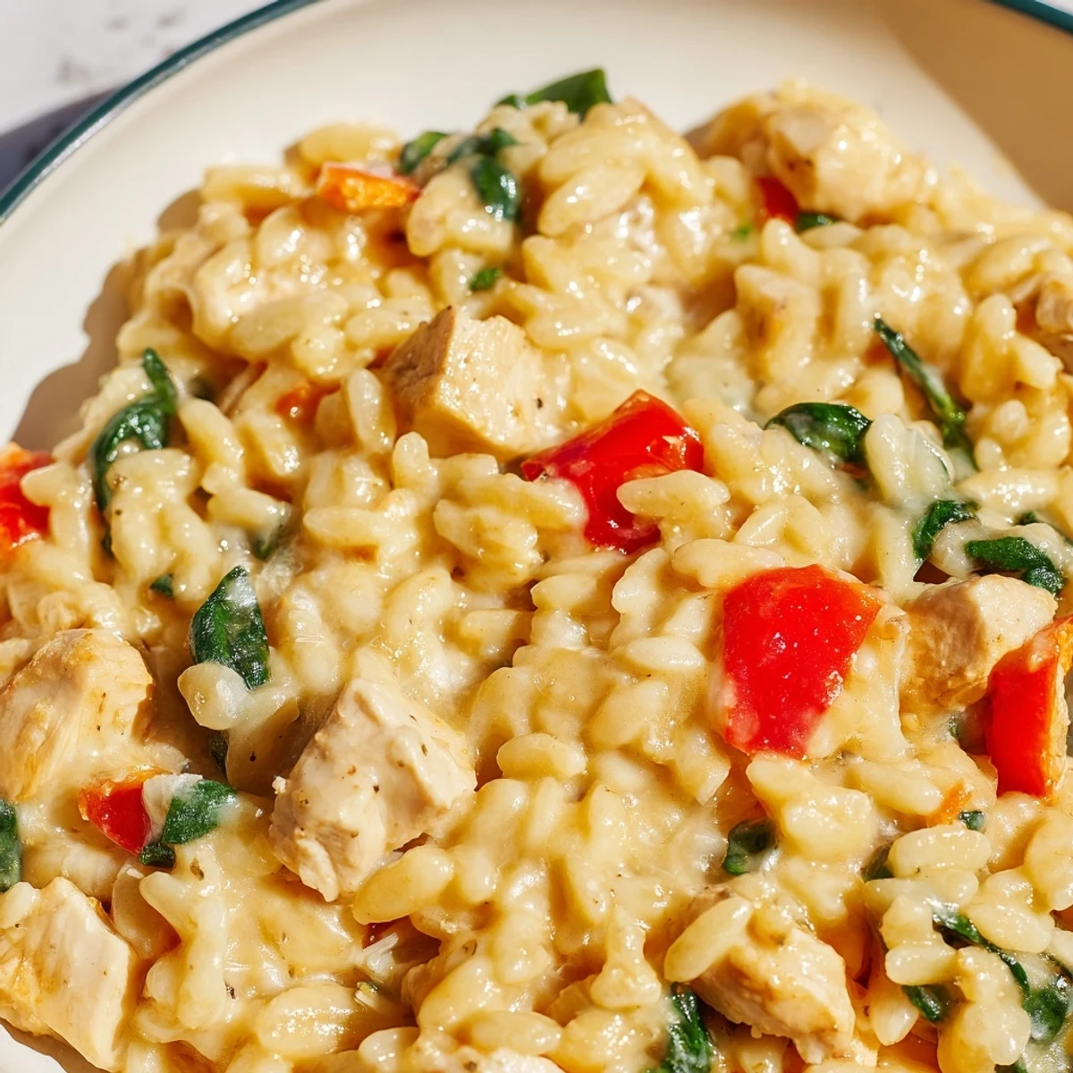 Creamy cheesy chicken risoni skillet featuring tender diced chicken, melted mozzarella, and wilted spinach