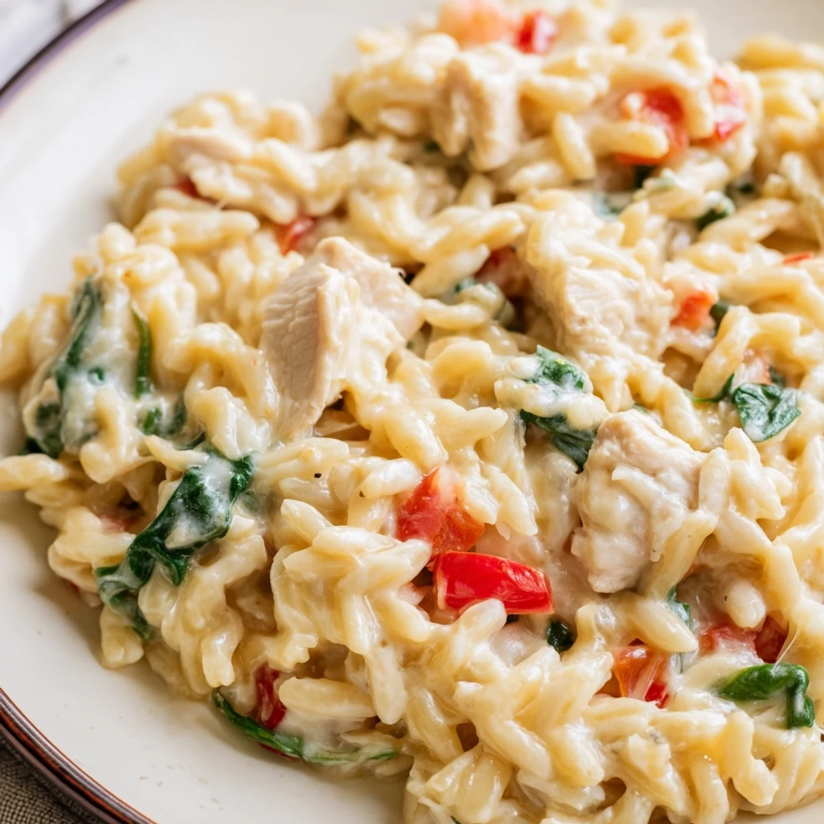 Steamy plate of cheesy chicken risoni pasta loaded with mozzarella and served with crusty bread