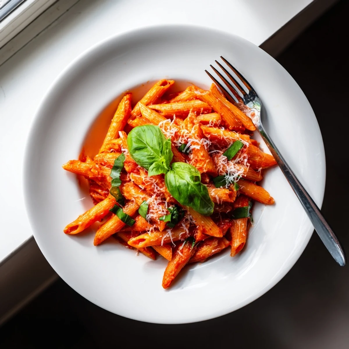 Golden penne pasta coated in vibrant red tomato sauce with melted Parmesan cheese and fresh basil garnish