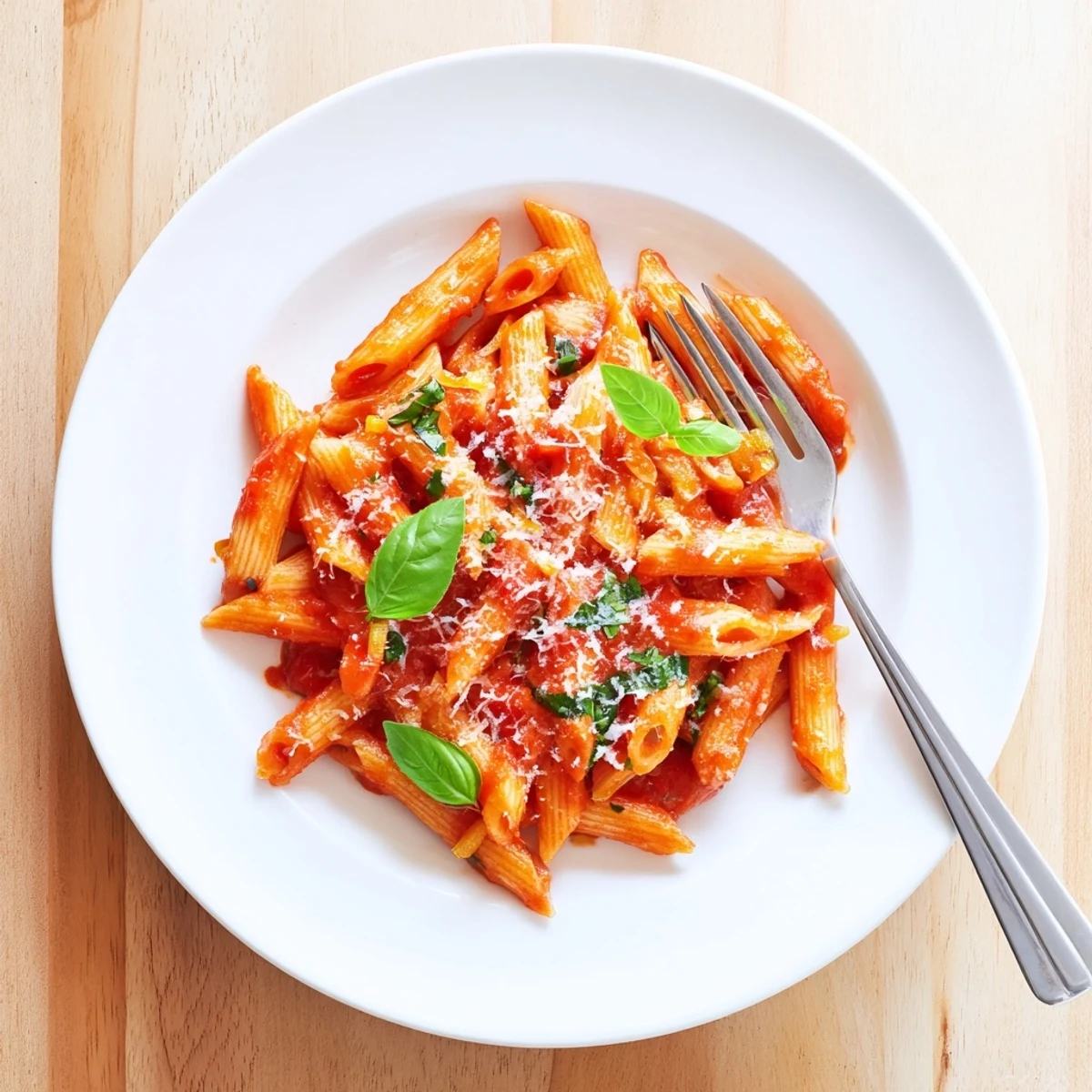 Steaming bowl of 20 minute penne pasta tossed in garlicky tomato sauce with green basil sprinkles on top
