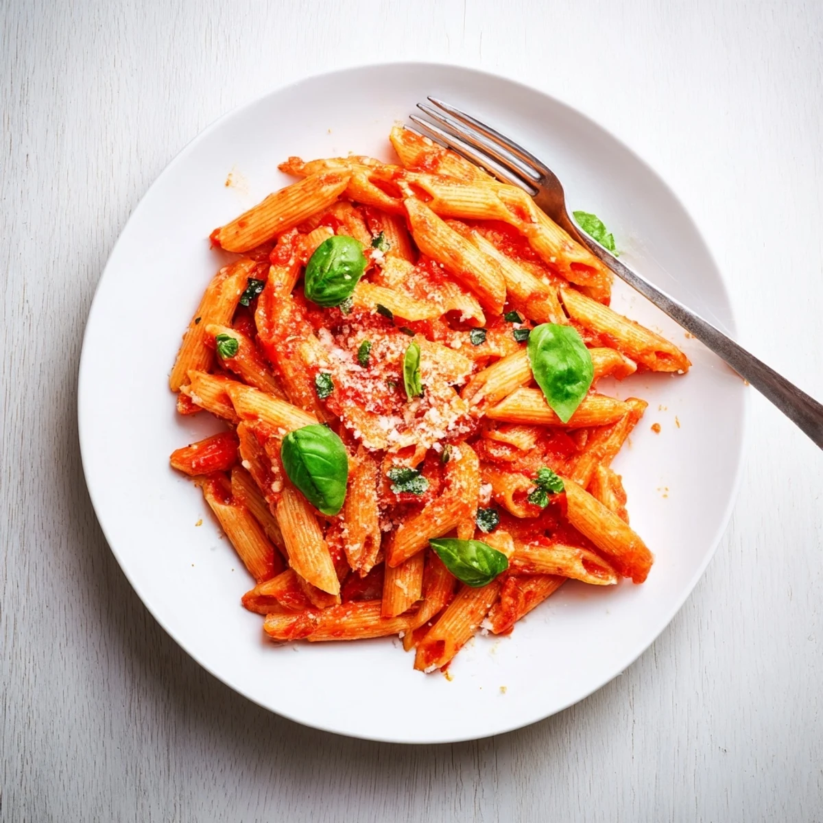 Close-up of al dente penne noodles in thick tomato sauce with grated Parmesan and fresh basil leaves
