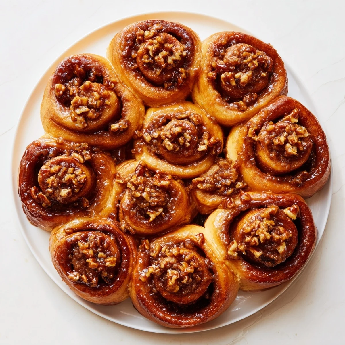 Golden Vietnamese cinnamon date sticky buns dripping with warm caramel glaze on a white serving platter