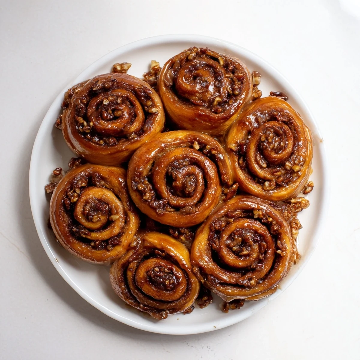 Soft pillowy Vietnamese cinnamon date sticky buns topped with glossy brown sugar glaze and chopped pecans