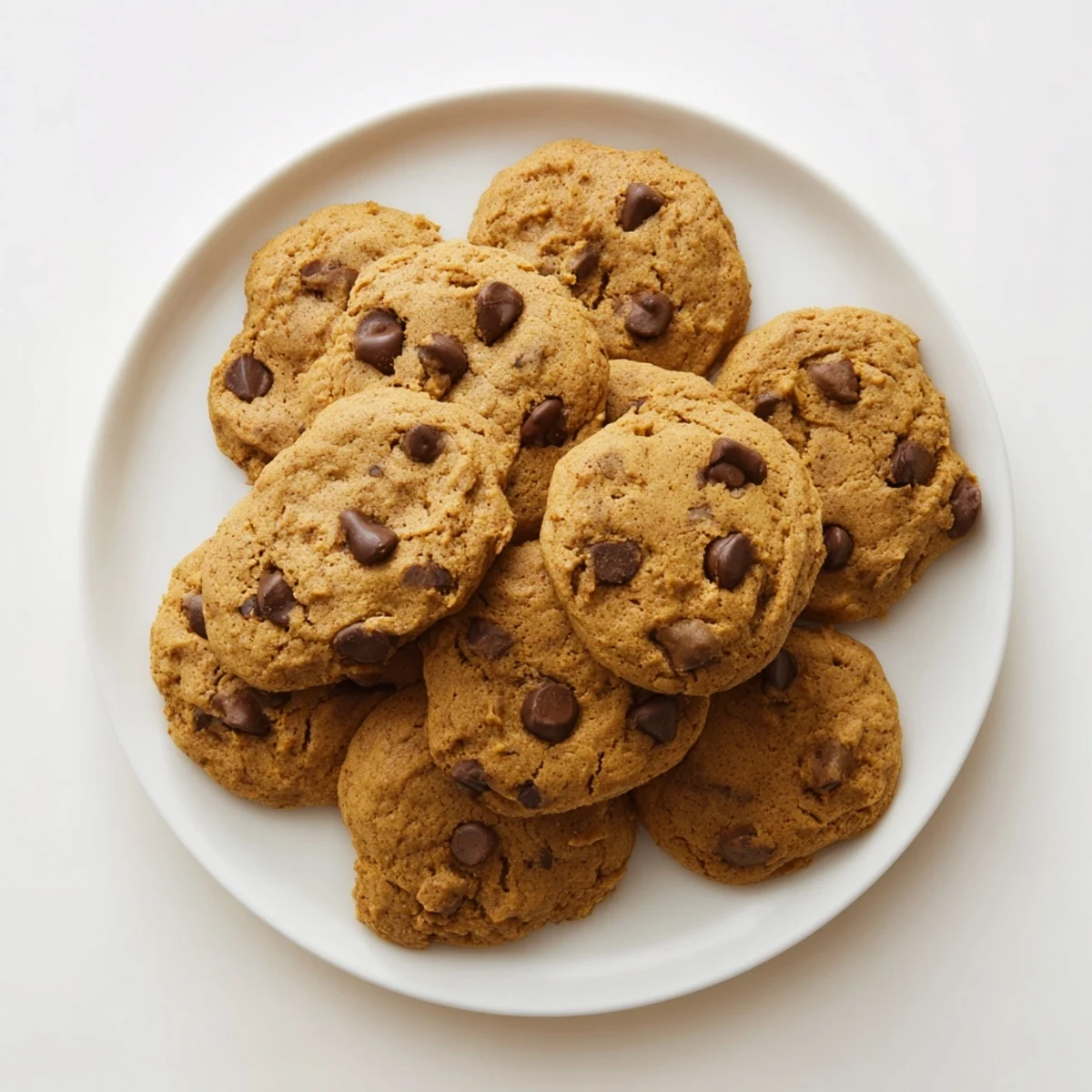 Soft pumpkin spice chocolate chip cookies stacked on a wooden cutting board with melty chocolate chips visible throughout