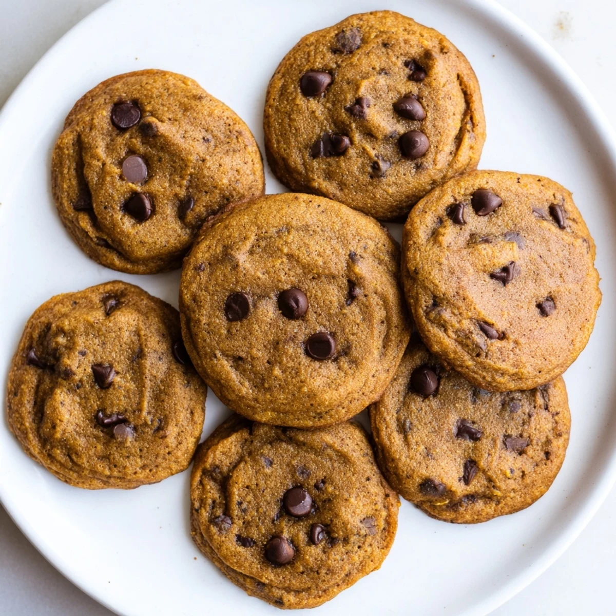 Close-up of a warm pumpkin spice chocolate chip cookie showing pockets of semi-sweet chocolate and a soft cakey texture