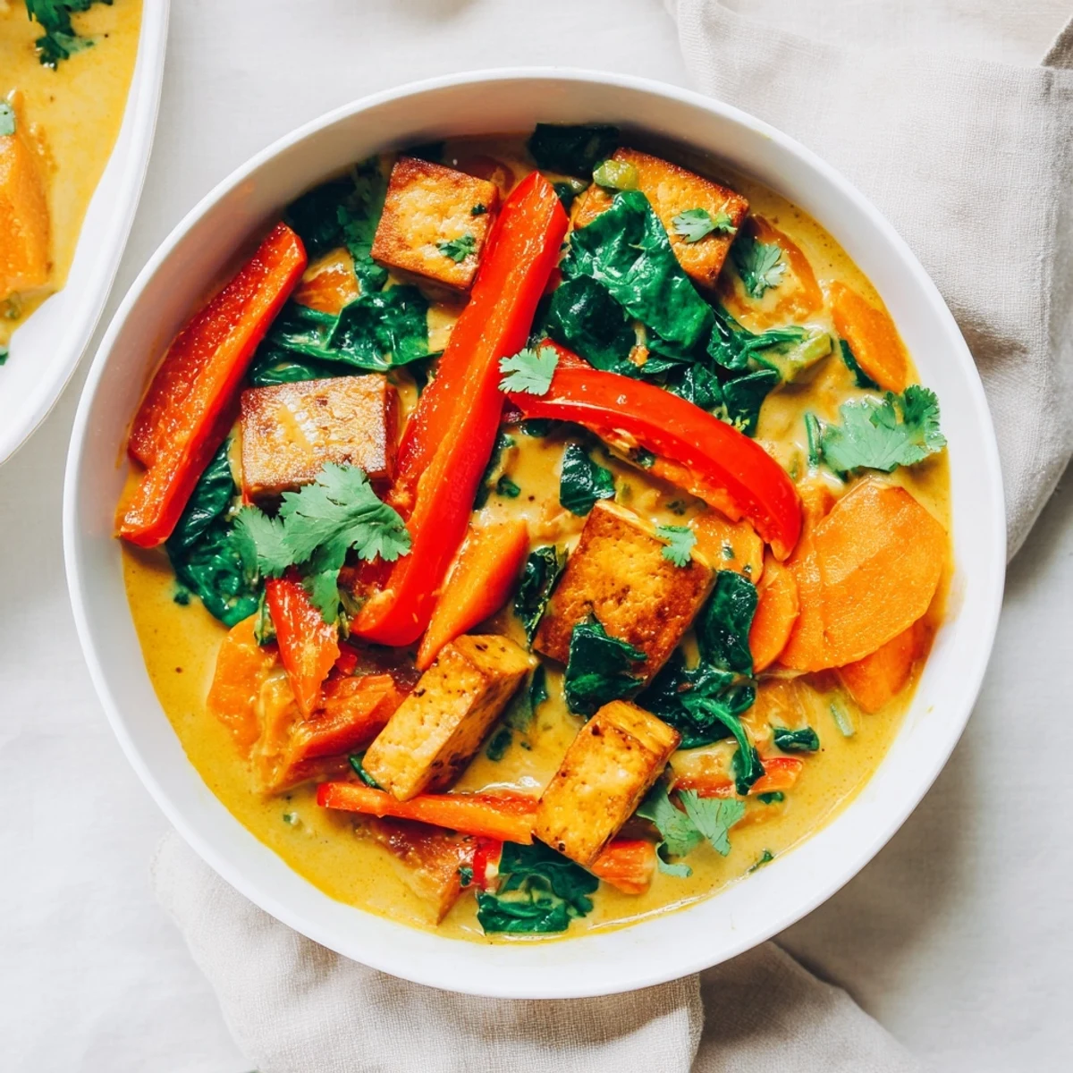 Hearty vegetarian pumpkin tofu curry bowl topped with fresh cilantro and toasted pumpkin seeds over aromatic spiced coconut broth