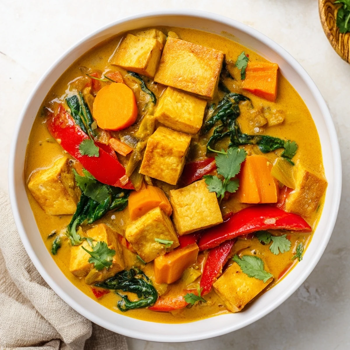 Golden vegetarian pumpkin tofu curry simmers in rich coconut sauce with tender pumpkin chunks and crispy tofu cubes
