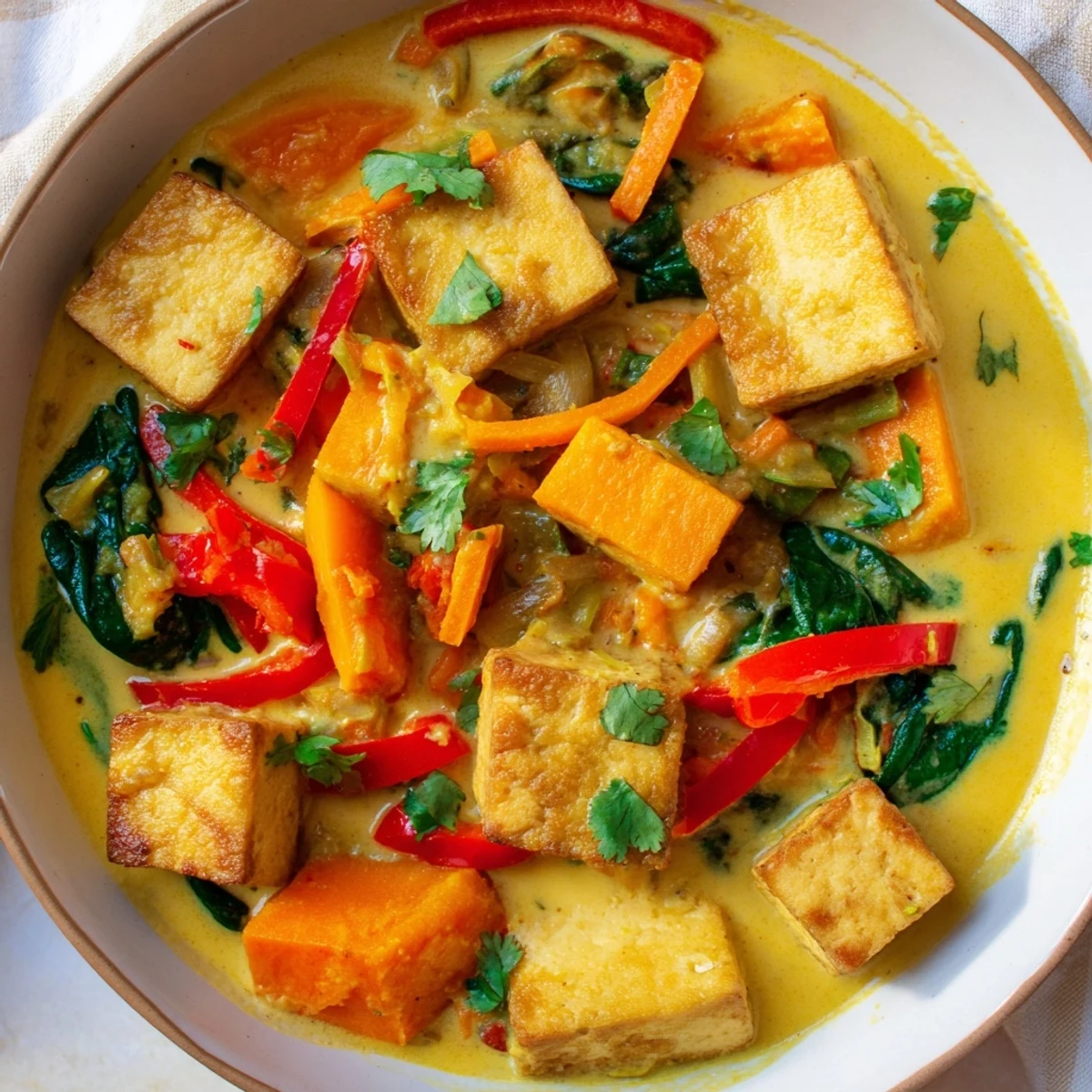 Creamy vegetarian pumpkin tofu curry served in white bowl with fluffy rice featuring golden brown tofu and vibrant orange pumpkin