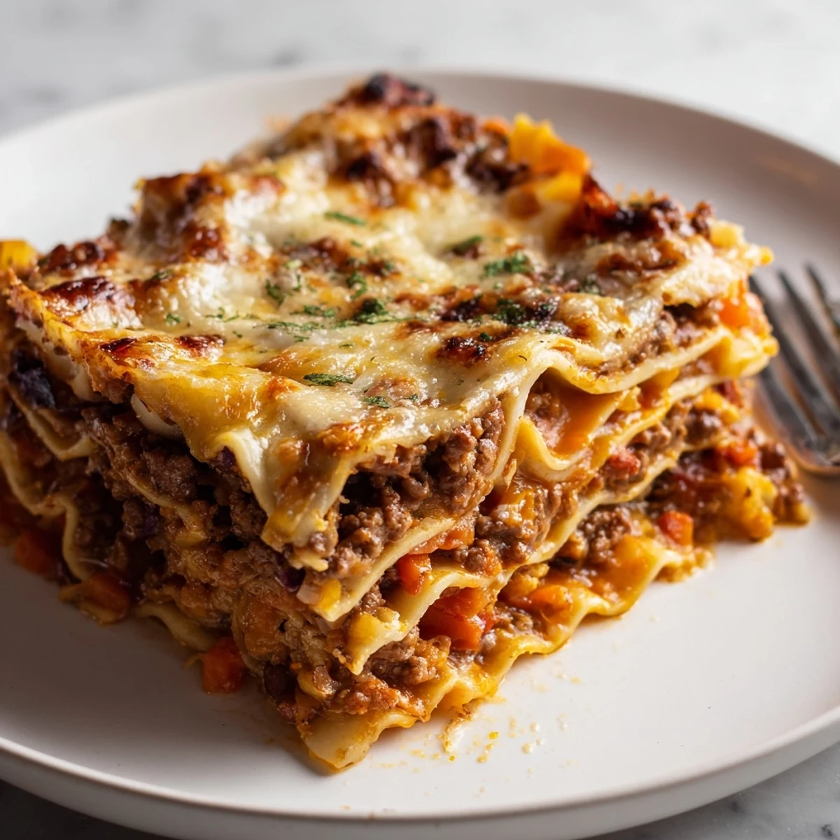 Golden cheesy classic beef lasagne with bubbling mozzarella atop layered pasta and rich meat sauce