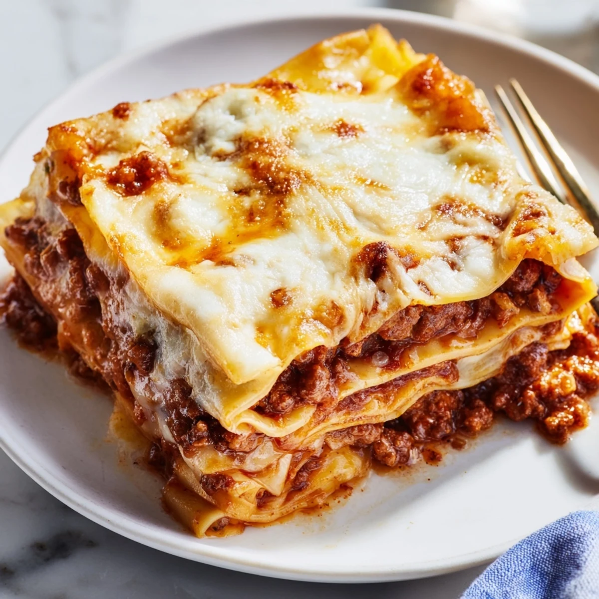 Square slice of classic beef lasagne showing distinct layers of tender noodles beef ragù and creamy béchamel