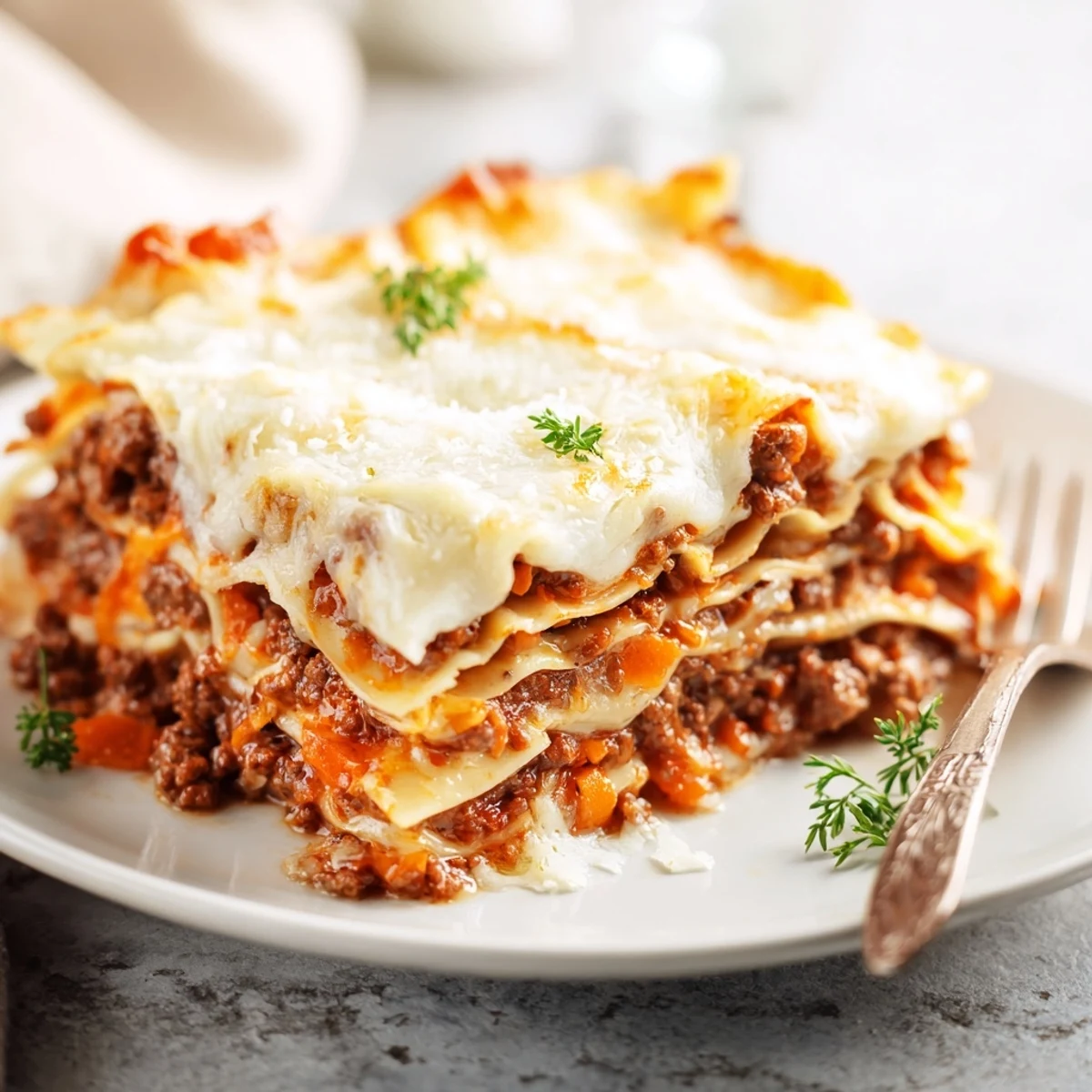 Baked classic beef lasagne dish with golden brown cheese crust over hearty meat and pasta layers