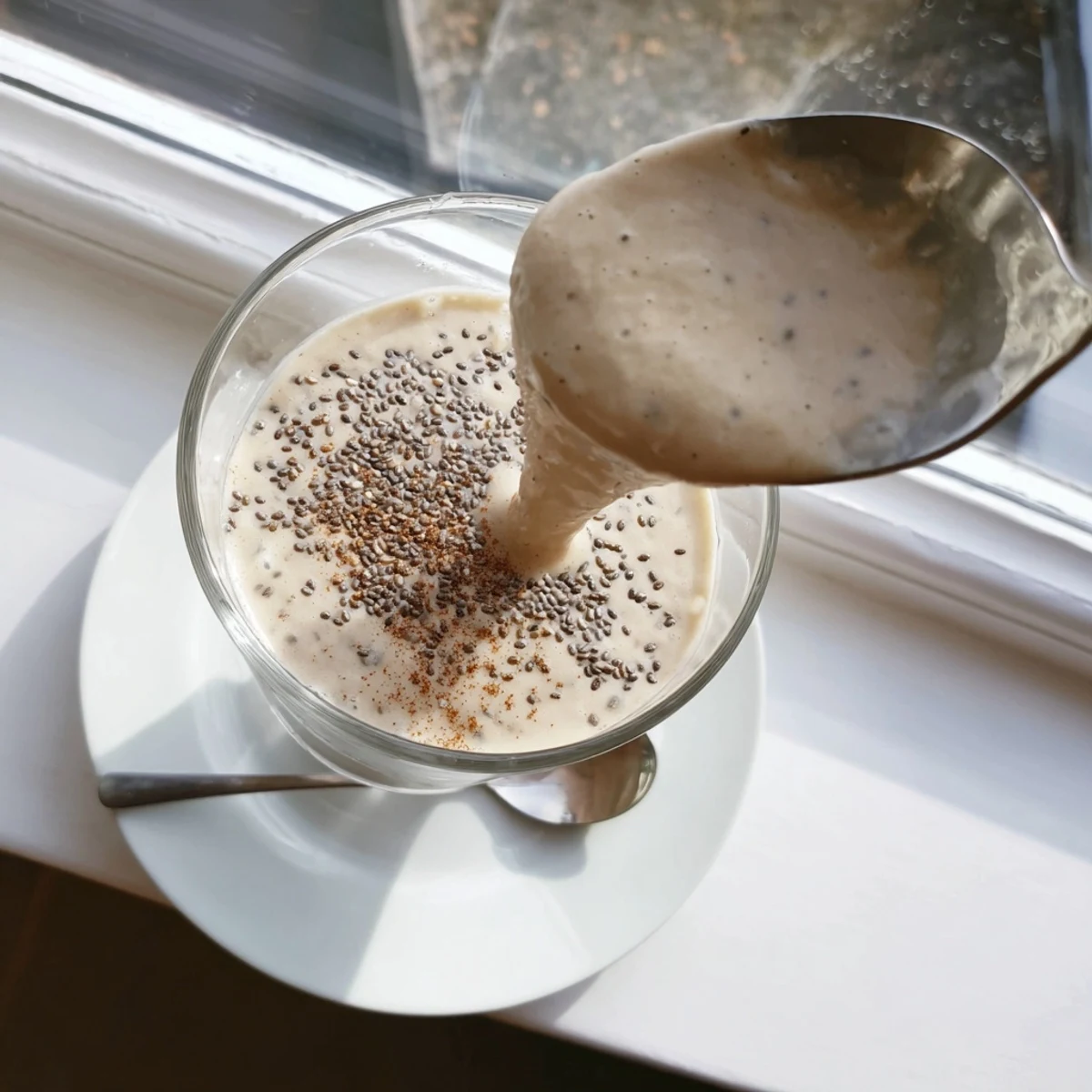 Thick blended Greek yogurt banana smoothie garnished with fresh banana slices and chia seeds