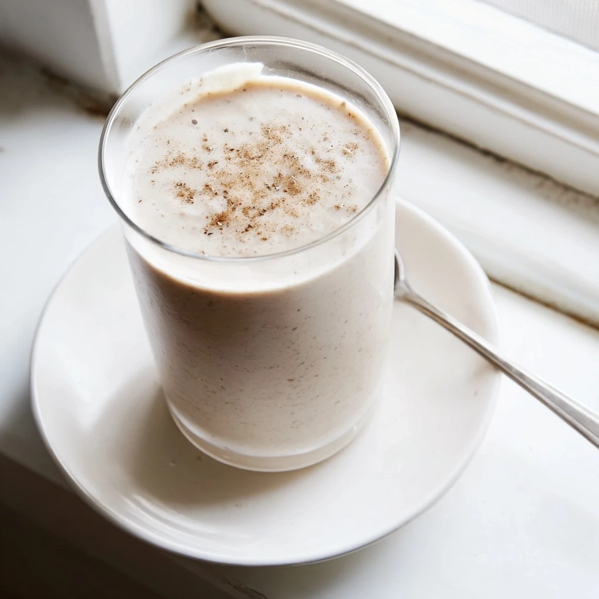 Creamy Greek yogurt banana smoothie poured into a tall glass with whipped topping