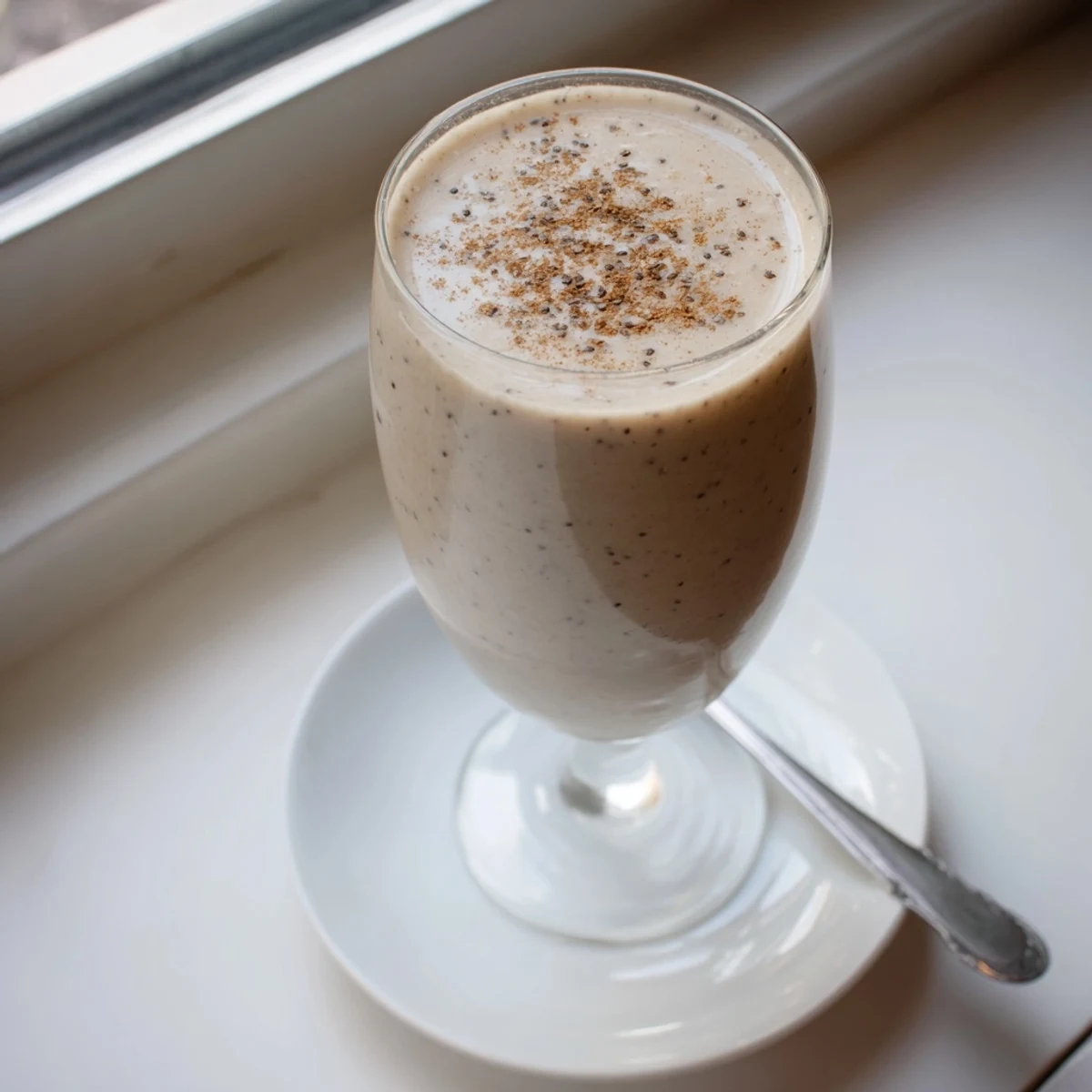 Frothy Greek yogurt banana smoothie topped with granola in a clear serving glass