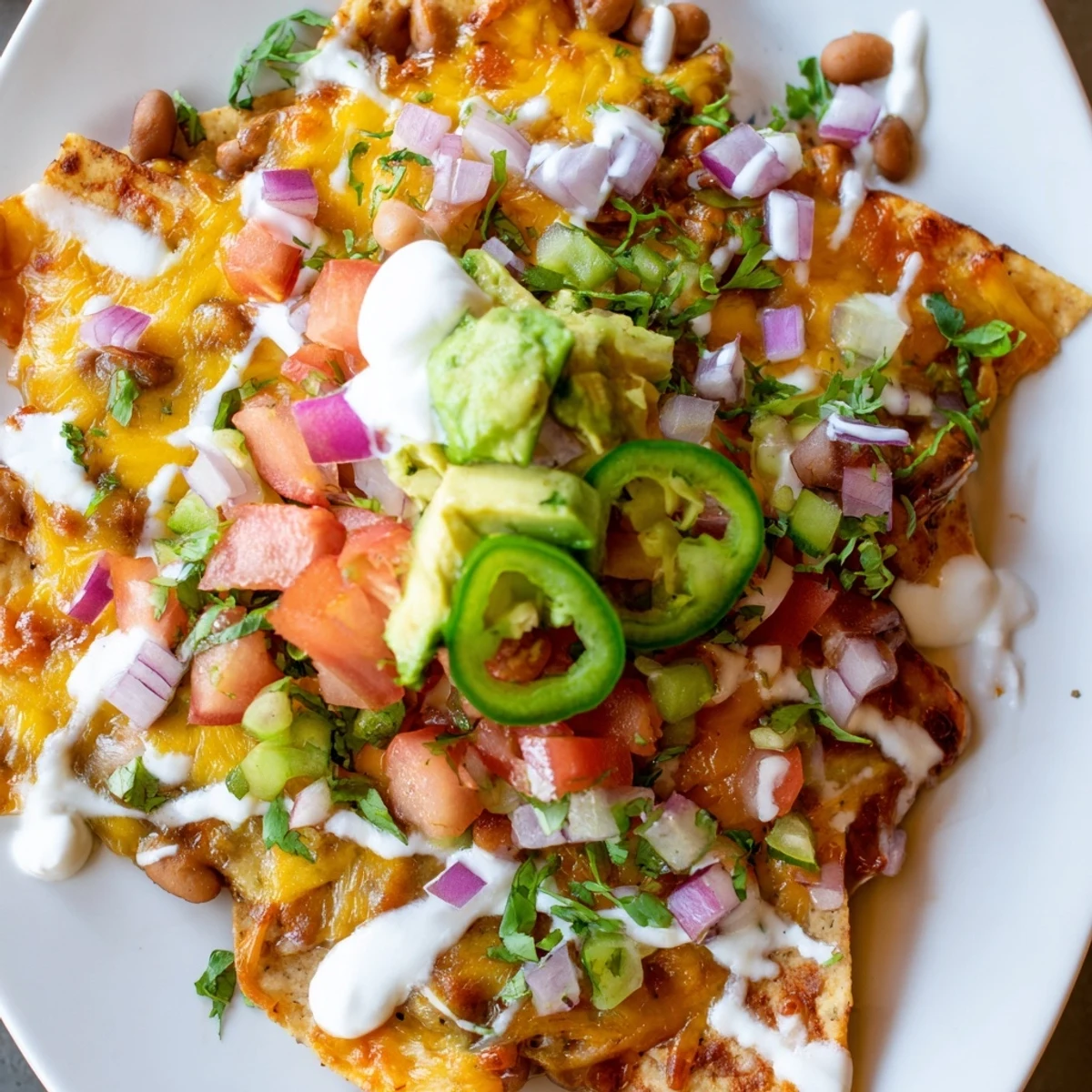 Golden baked bean nachos piled high with melted cheese and fresh colorful toppings
