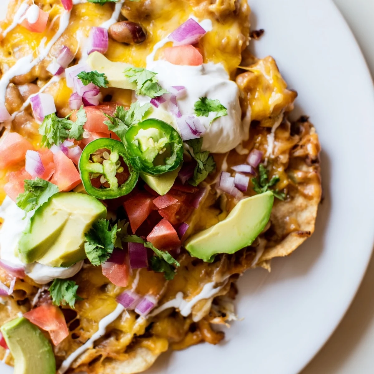 Hearty baked bean nachos topped with diced tomatoes avocado cilantro and creamy sour cream