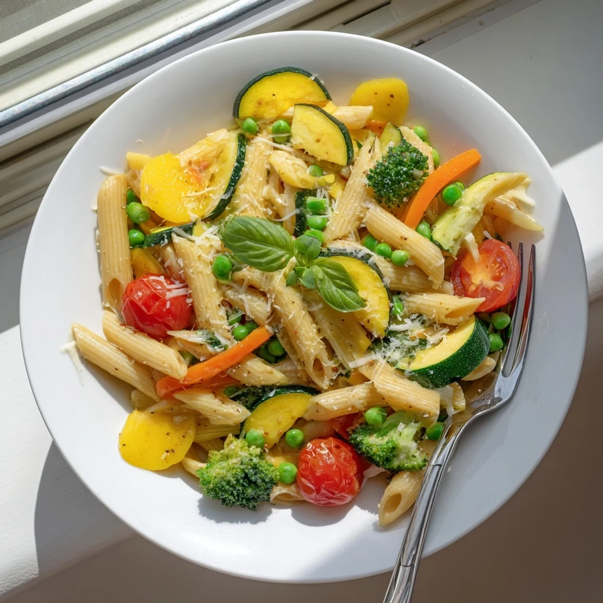 Fresh pasta primavera with crisp zucchini bell peppers broccoli and cherry tomatoes in light lemon olive oil sauce