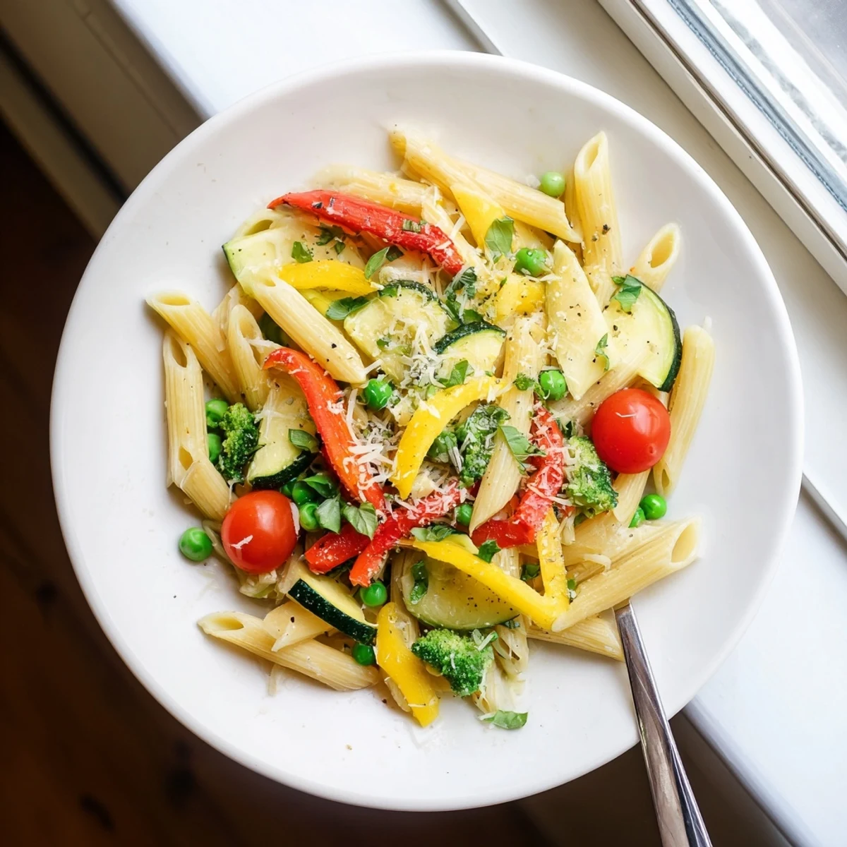 Colorful pasta primavera bowl featuring al dente penne tossed with vibrant fresh spring vegetables and grated Parmesan