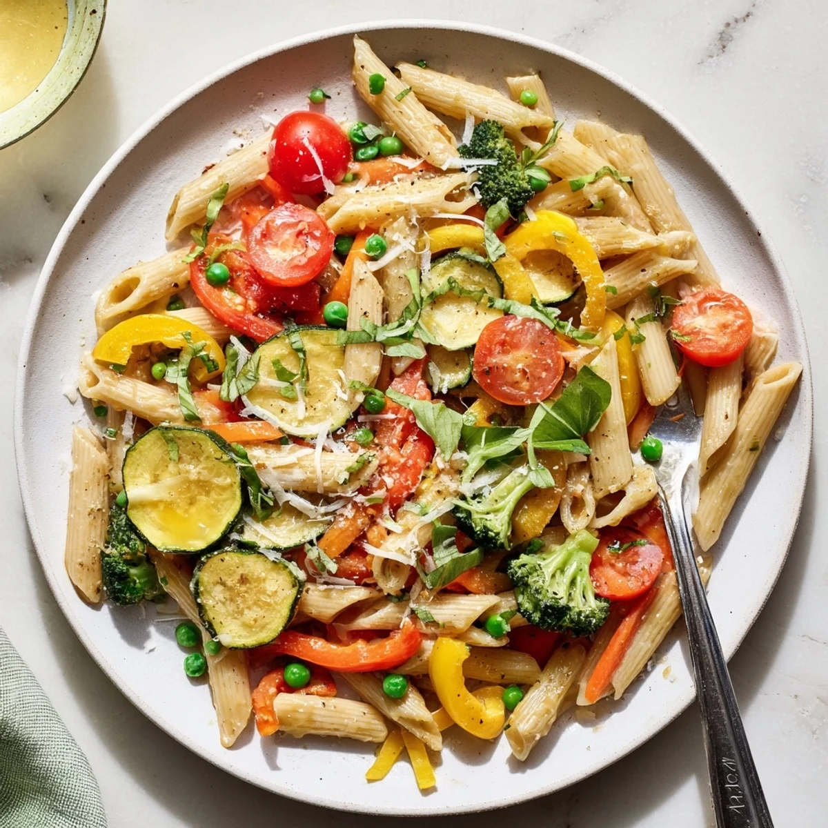 Hearty pasta primavera dish showcasing tender vegetables and al dente noodles garnished with fresh basil and lemon zest