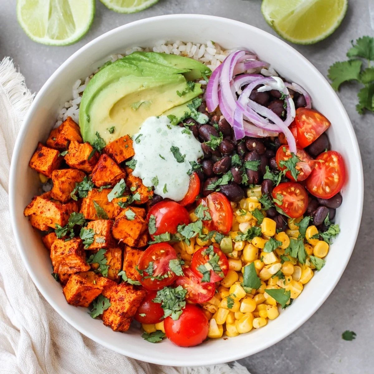 Colorful vegan sweet potato burrito bowl with roasted potatoes, black beans, and fresh avocado slices