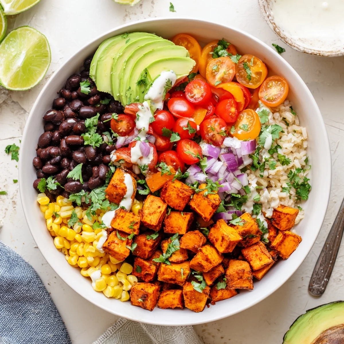 Hearty vegan sweet potato burrito bowl topped with zesty lime rice and vibrant garden vegetables