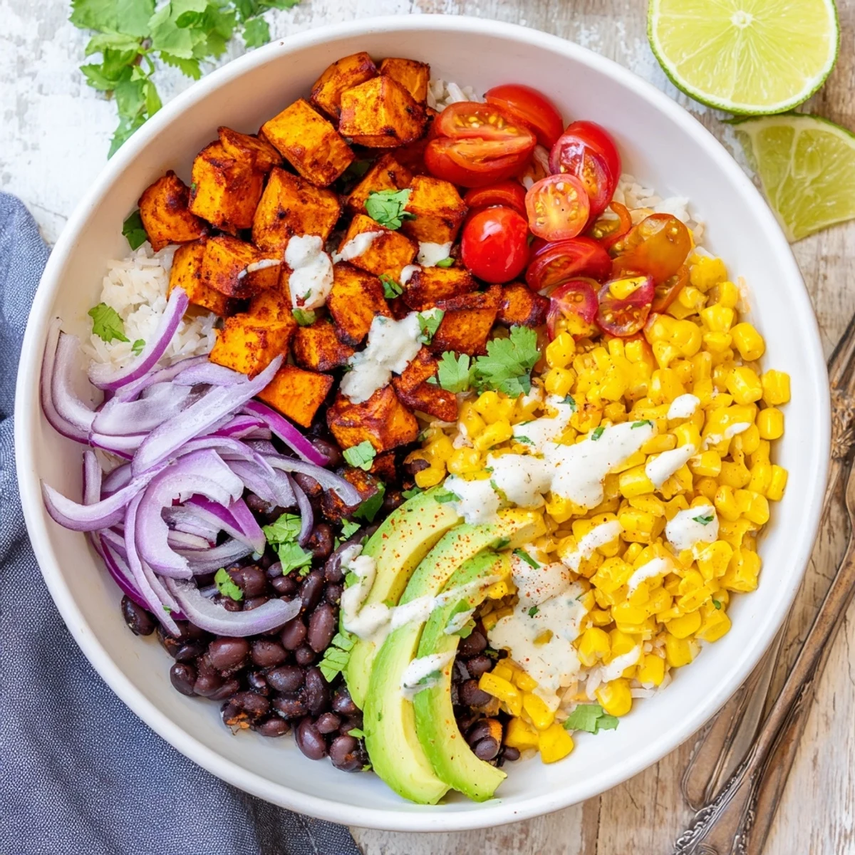 Golden roasted sweet potato burrito bowl featuring creamy avocado, cilantro, and protein-rich black beans