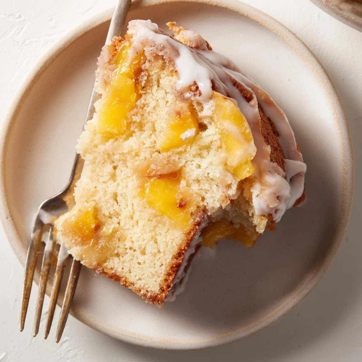 Golden peach cobbler pound cake drizzled with vanilla glaze on a serving plate