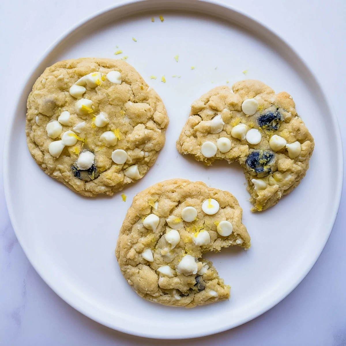 Golden chewy lemon blueberry cookies with pockets of juicy blueberries on a wire cooling rack