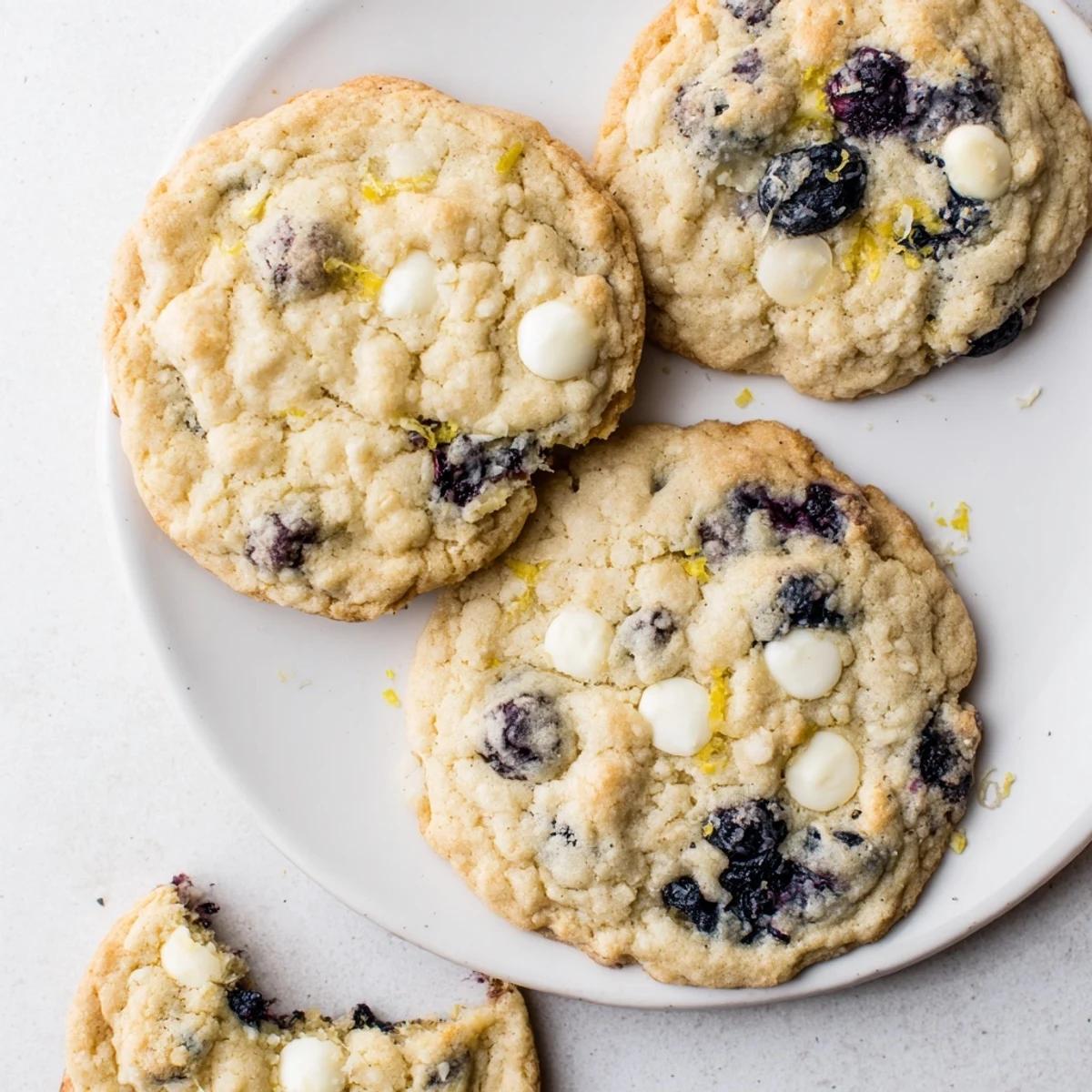 Close up of chewy lemon blueberry cookies showing their textured crumb and colorful blueberry pieces