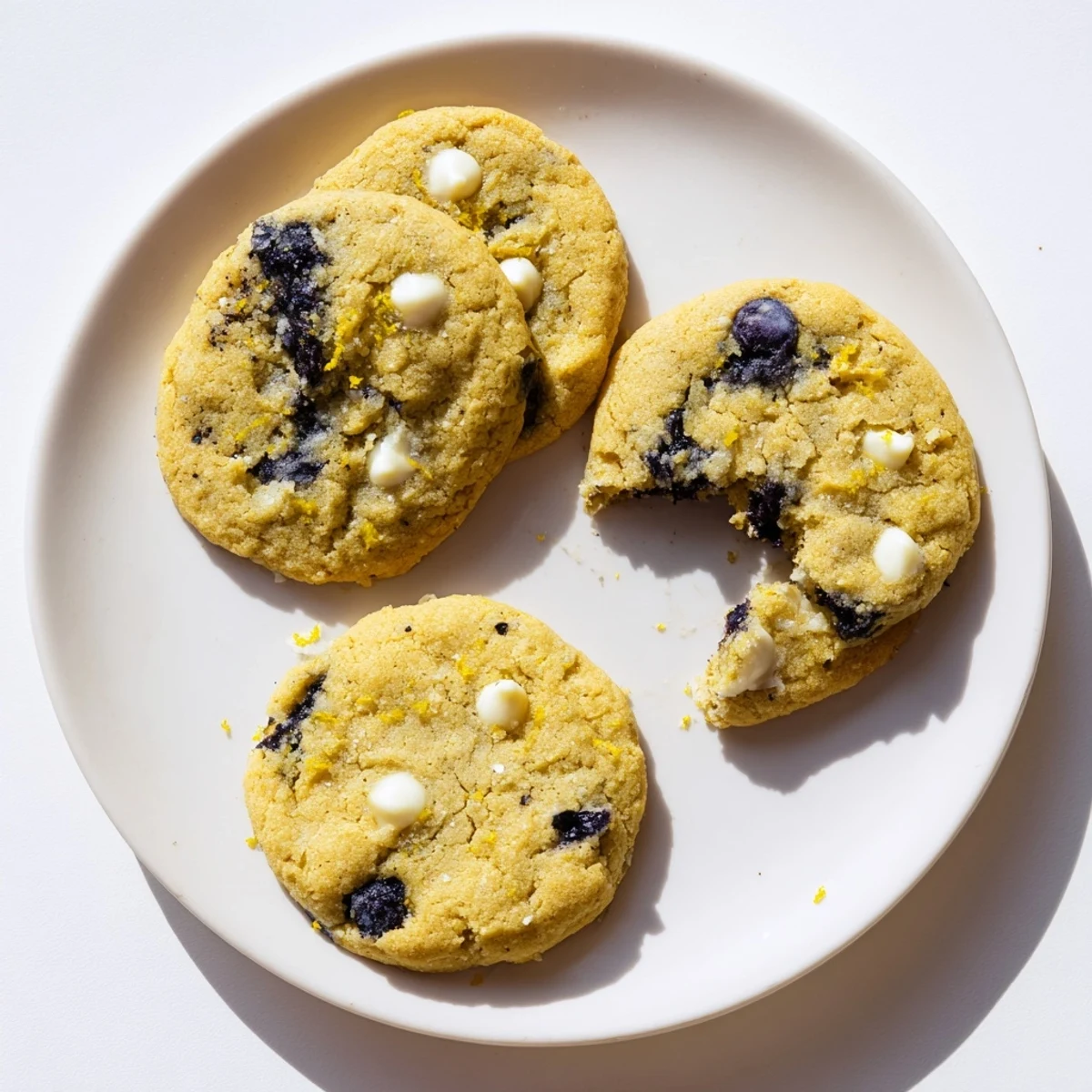 Soft baked lemon blueberry cookies topped with lemon zest and fresh blueberries on a white plate