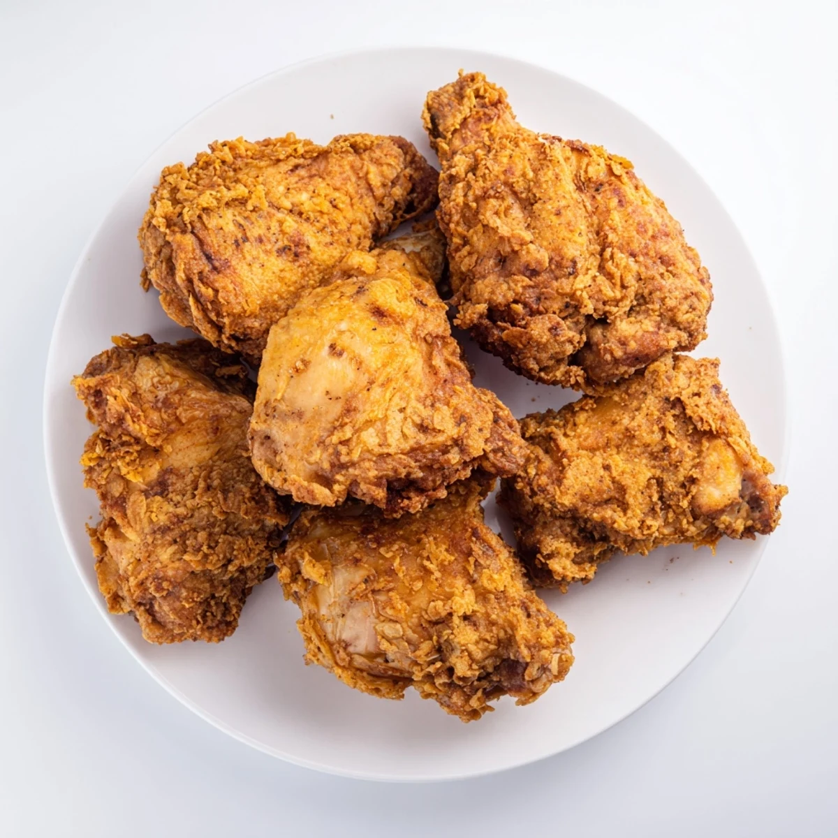 Golden brown crispy Southern fried chicken served on a wire rack with glistening oil