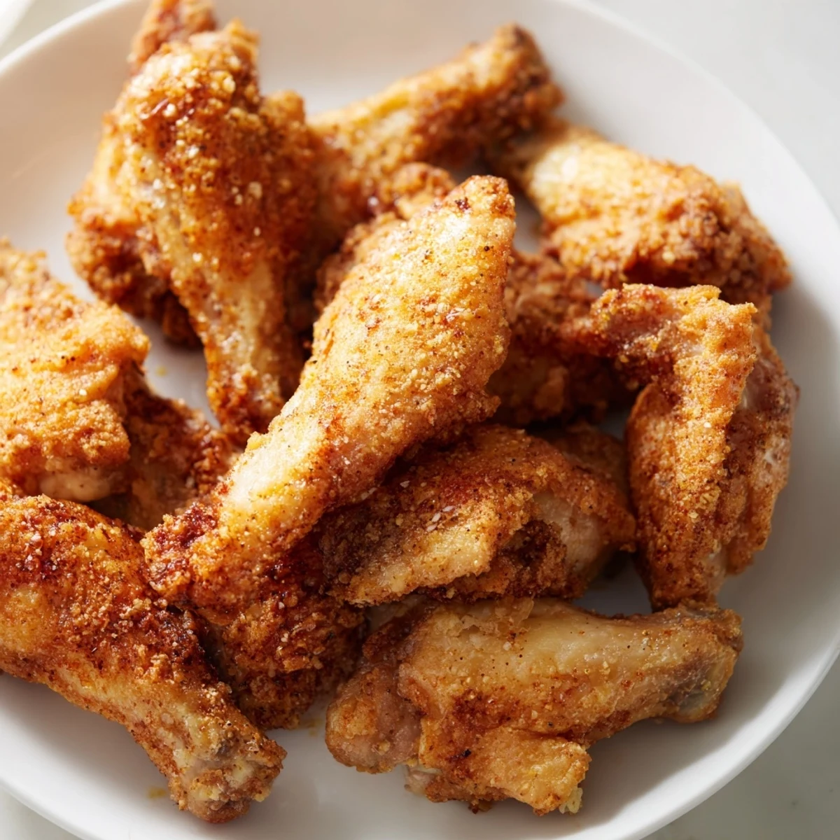 Juicy buttermilk marinated fried chicken pieces with crunchy seasoned coating on white plate