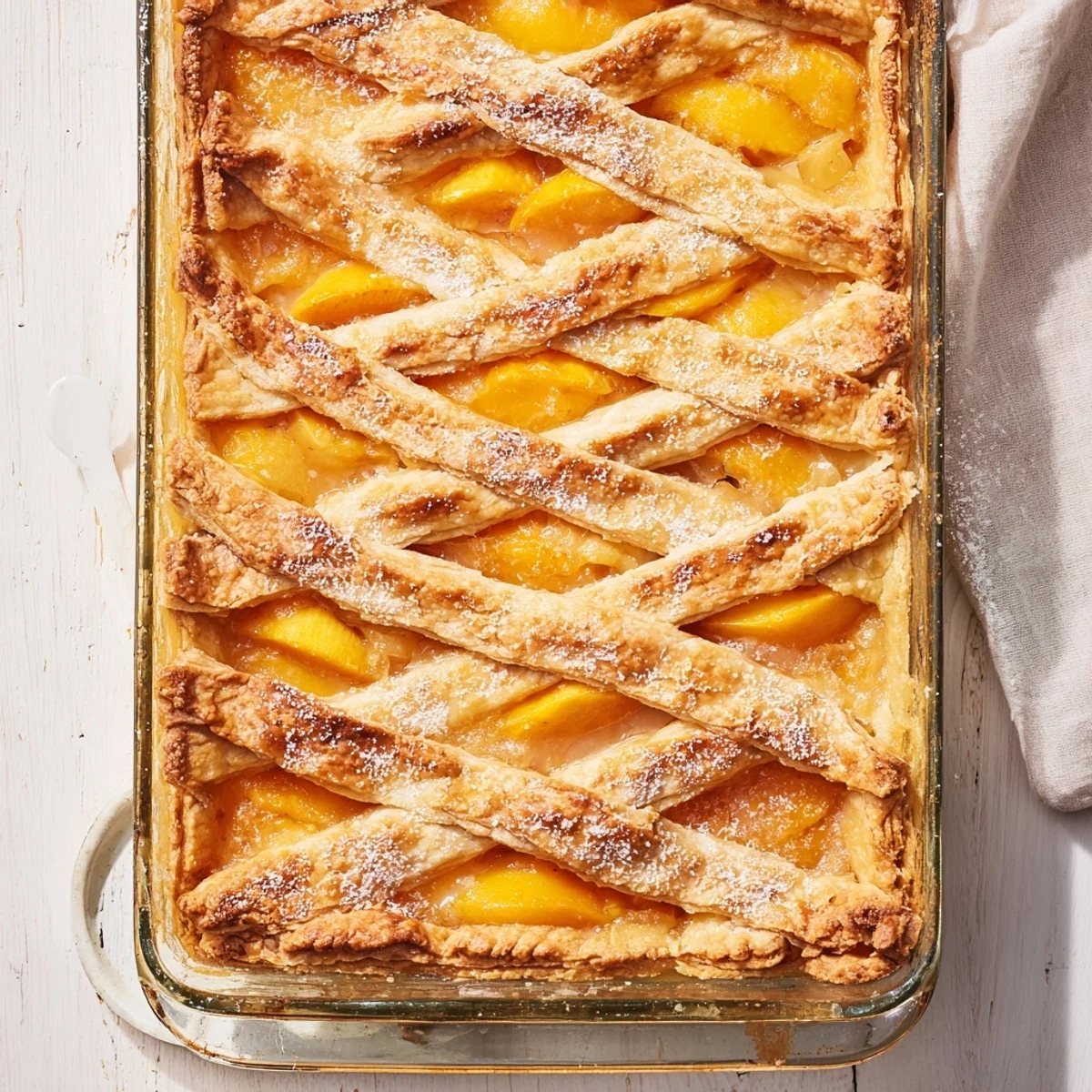 Classic peach cobbler topped with buttery pastry crust fresh from the oven