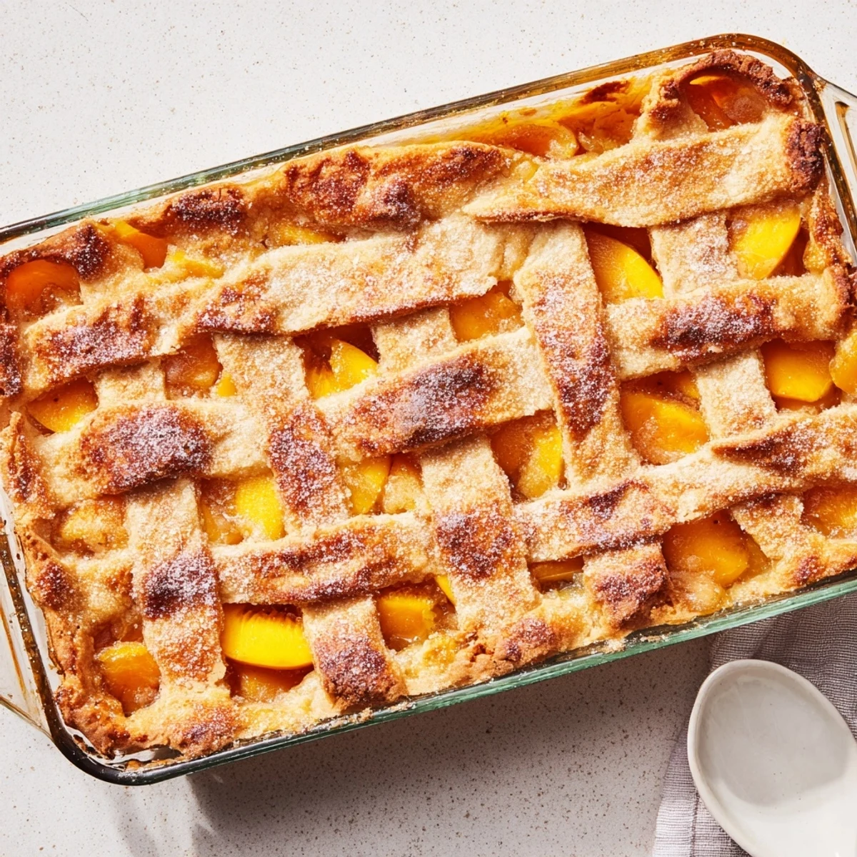 Golden classic peach cobbler with flaky crust bubbling with juicy spiced fruit