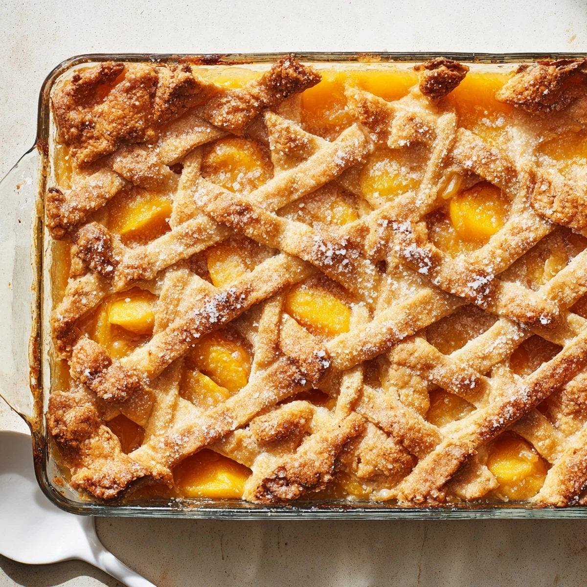 Warm classic peach cobbler served in a white baking dish with golden topping