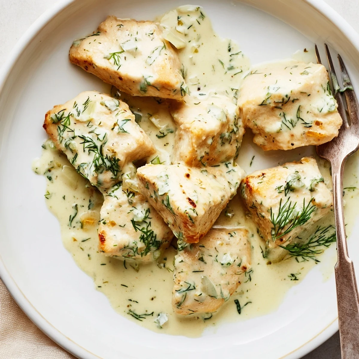Pan-seared chicken breasts swimming in thick garlic dill cream sauce with lemon and herbs