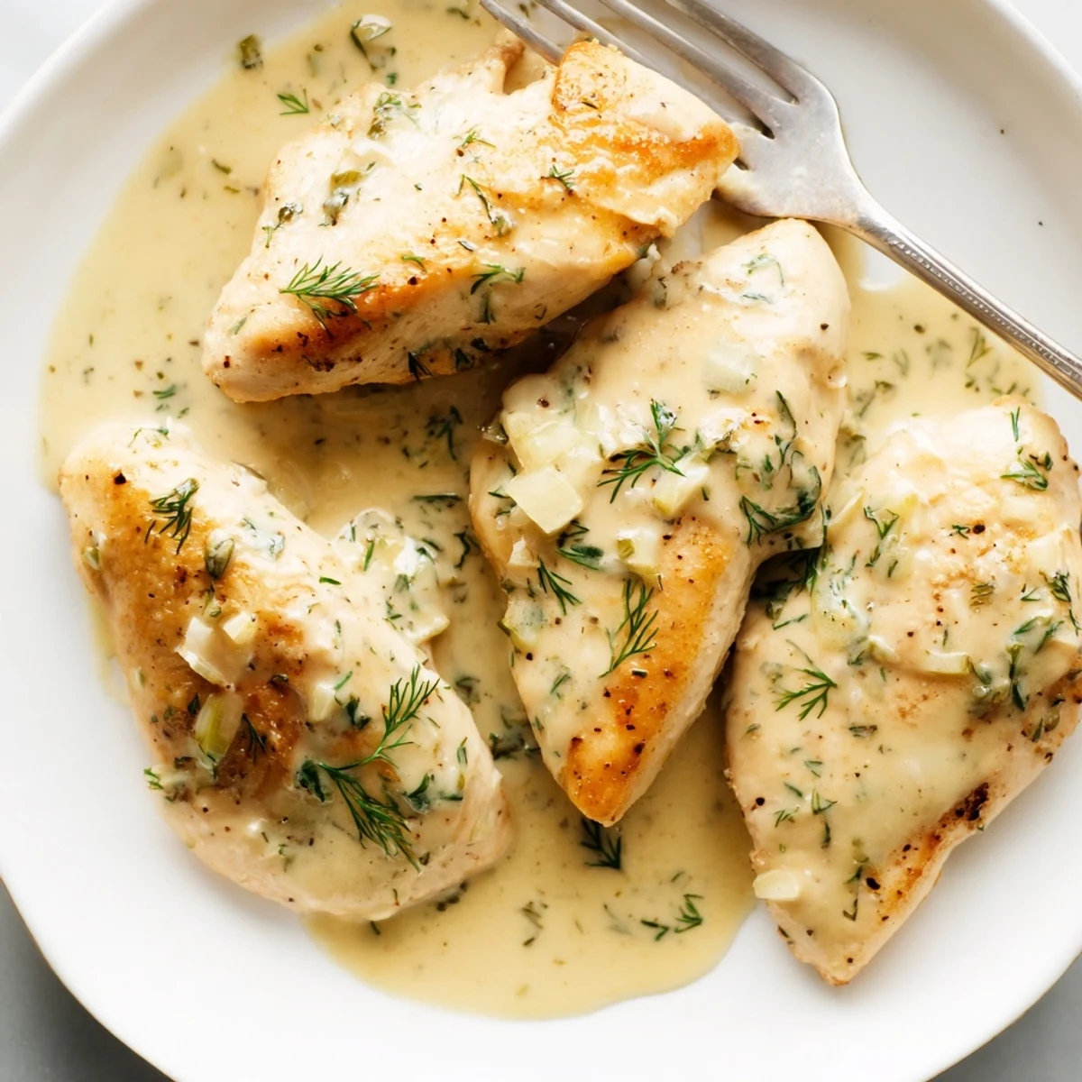 Tender juicy chicken simmered in velvety dill cream sauce served on white dinner plate