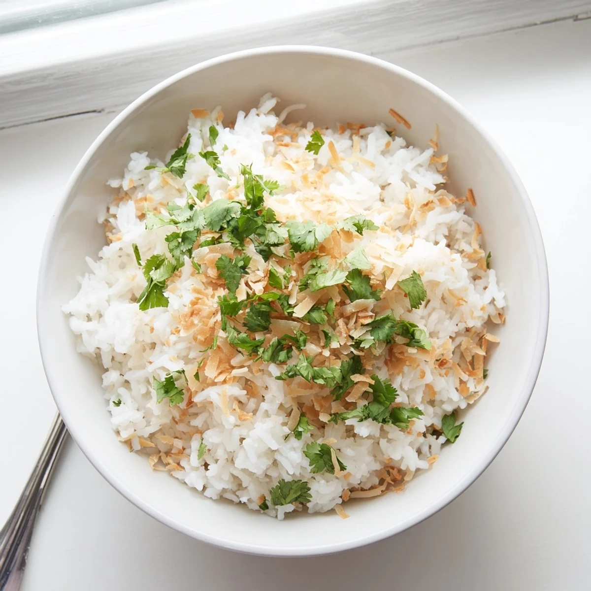 Fluffy coconut rice steamed in rich coconut milk, garnished with toasted coconut flakes and fresh cilantro.
