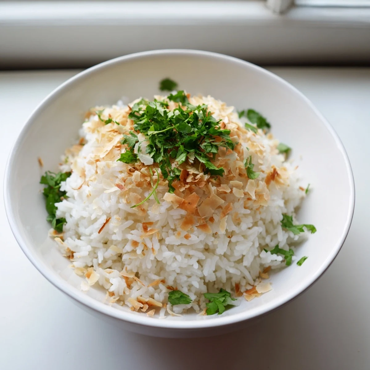 Fragrant jasmine coconut rice topped with crispy toasted coconut and green onions in a serving bowl.