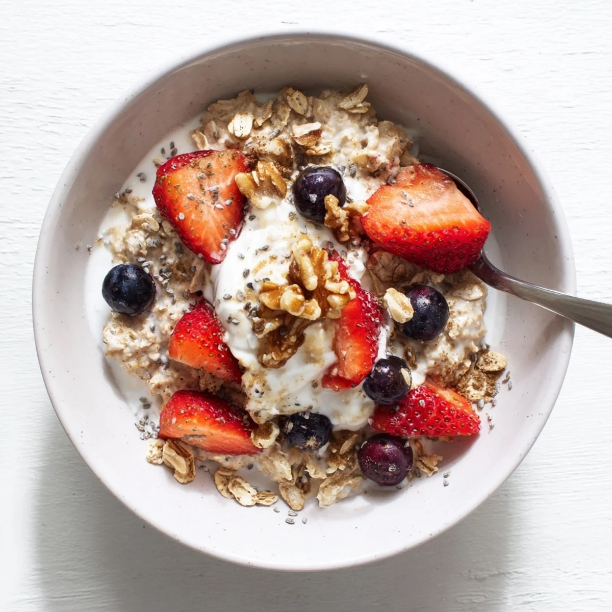 Creamy brown sugar overnight oats topped with fresh berries in a glass jar