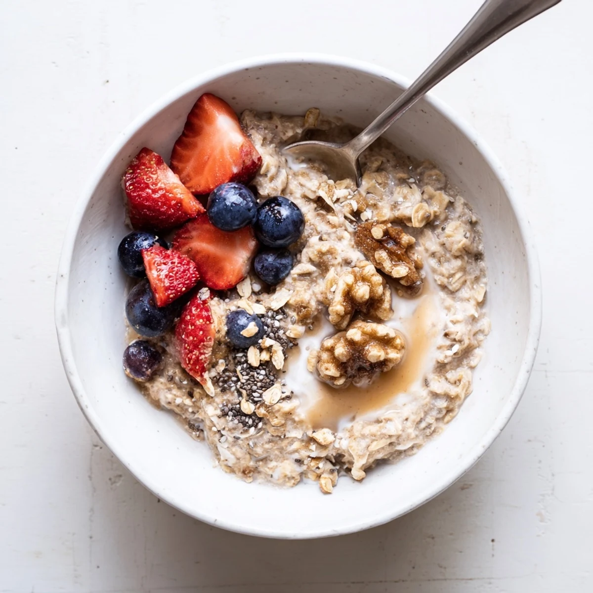 Brown sugar overnight oats with vanilla Greek yogurt and banana slices ready to eat