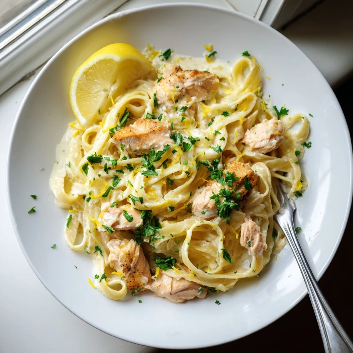 Golden seared salmon flakes resting atop creamy garlic butter salmon fettuccine pasta
