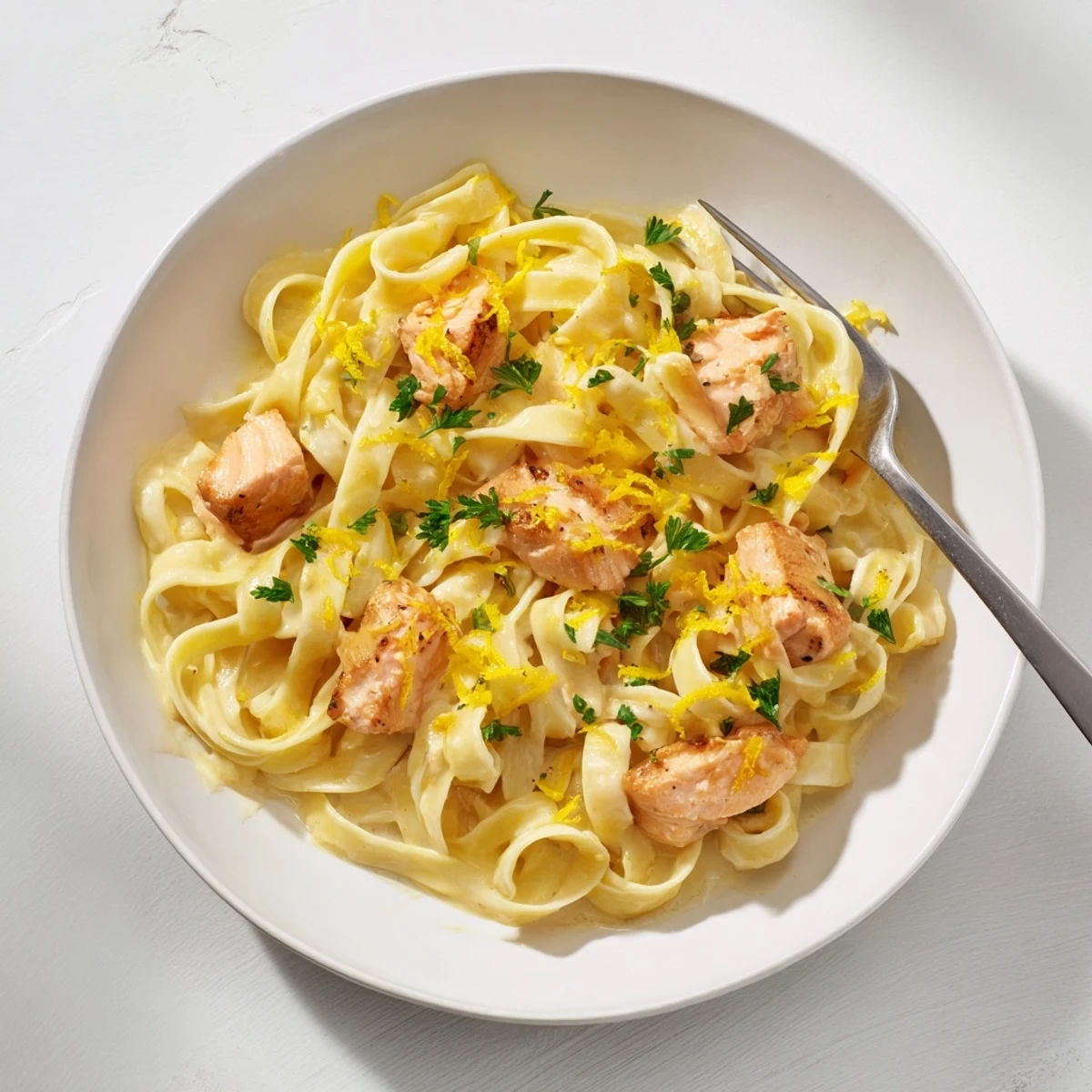Rich lemon garlic cream sauce coats fettuccine with tender chunks of seared salmon