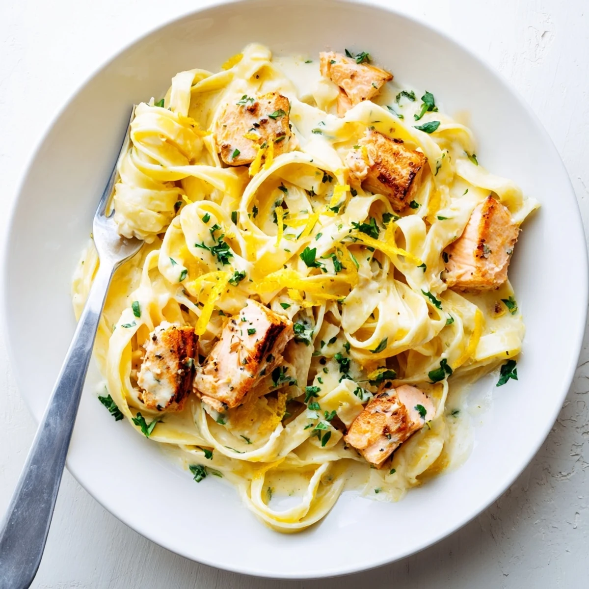 Steaming bowl of creamy garlic butter salmon fettuccine garnished with fresh parsley and lemon