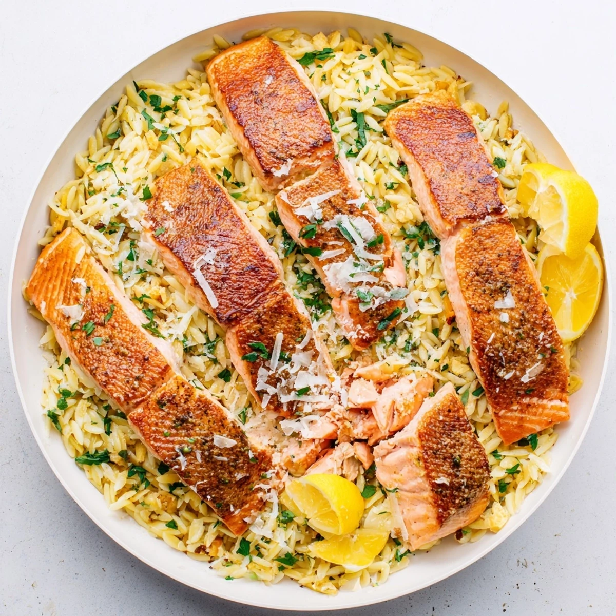 Flaky salmon fillets nestled on bright zesty orzo pasta with melted butter and parmesan cheese